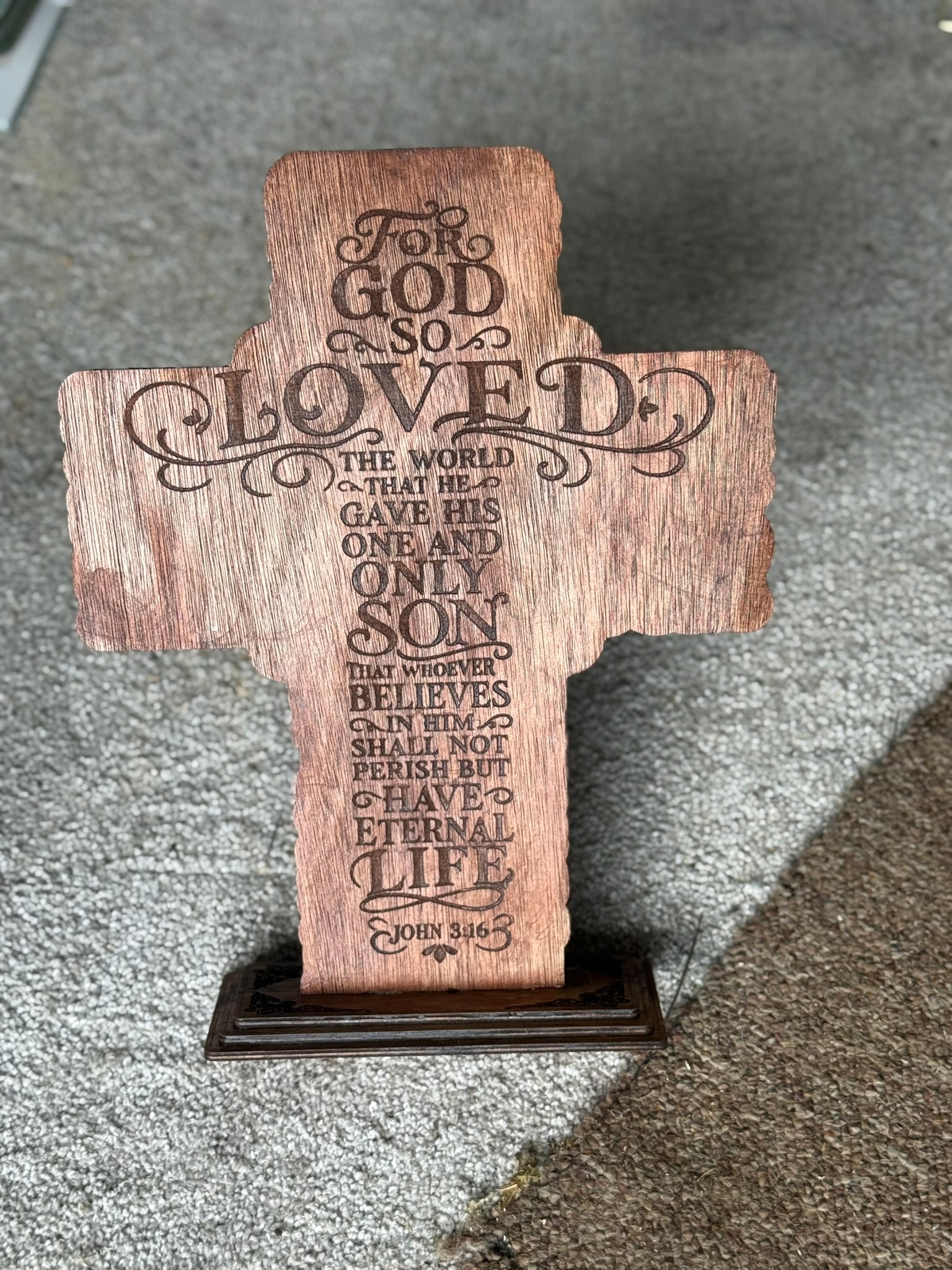 Lord's Prayer cross — John 3:16 back engraving